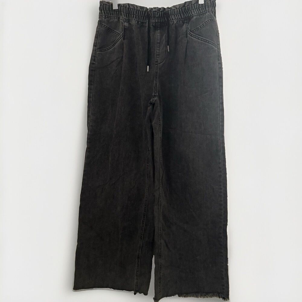 Fashion Nova Womens Black Acid Wash Pants Drawstring Raw Hem Denim Wide Leg 13